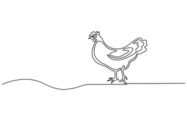 Hen in continuous line art drawing style. Chicken minimalist black linear design, Continuous one line drawing of Cute chicken. Silhouette of chickens on a white background in a minimalist style.