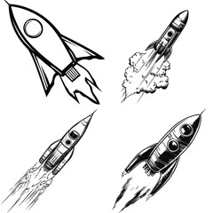 Four Vintage Style Rockets Flying, Hand Drawn Isolated on White Background