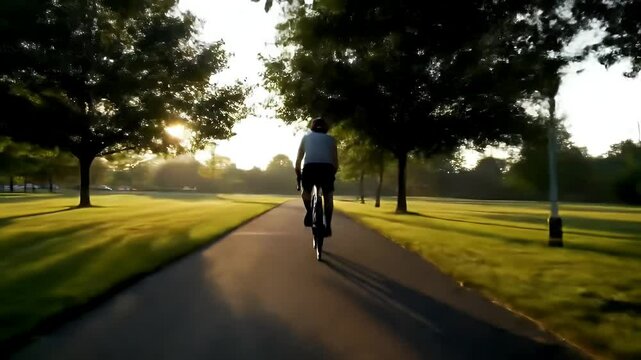 Biking on Path through Green Park at Sunrise Slow Motion