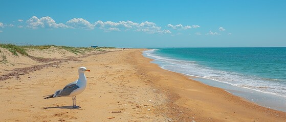 Serene coastal scene; gull on sandy beach, turquoise sea under blue sky