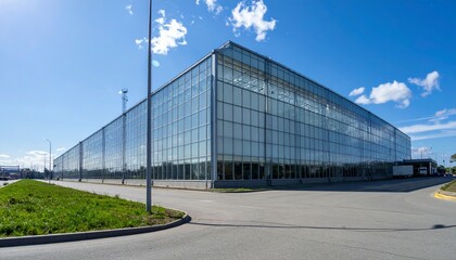 Obraz premium Modern Glass Building with Clear Sky and Green Landscape