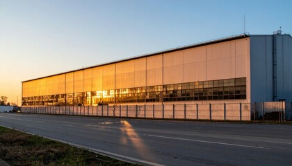 Fototapeta premium Industrial Warehouse with Sunset Reflection on Exterior Surface