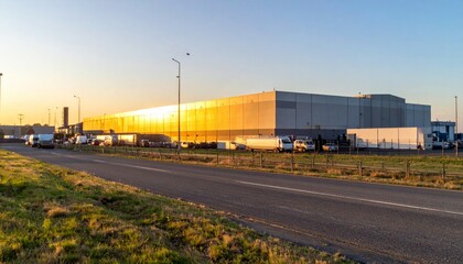Obraz premium Modern Industrial Warehouse During Sunrise with Bright Reflections
