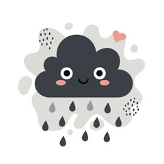 Fototapeta premium Cute smiling rain cloud with raindrops and heart shape vector illustration in black and grey colors for weather design 