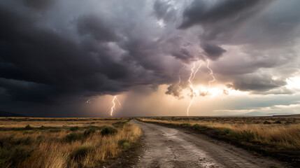 Dramatic thunderstorm over a rural dirt road with lightning illuminating dark clouds