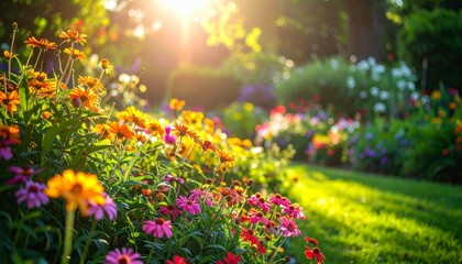 Obraz premium Vibrant Flower Garden with Colorful Blooms in Natural Light