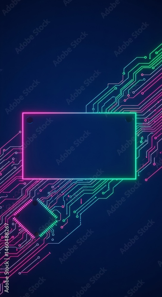 Poster neon pink frame on dark blue background with electronic circuit pattern. futuristic technology conce