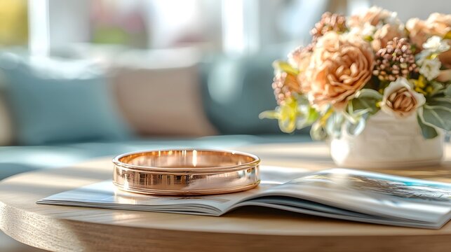 Copper bracelet and flowers on wooden tabletop