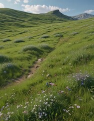 Rolling hills of emerald grass, wildflowers scattered  ,  flowers,  backdrop