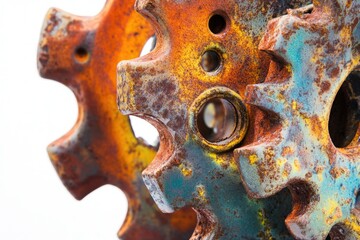 Close-up of two rusty, colorful metal gears interlocked, showing texture and age.