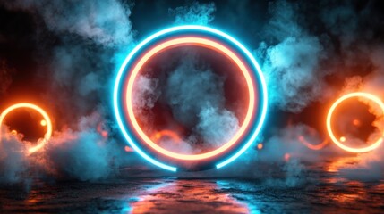 Obraz premium Neon ring stage design with swirling smoke and light effects.