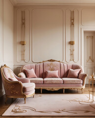 lavish baby pink hotel lounge with regal gold accents and grand couch design for promotional travel and hospitality photography presentation Luxurious Living Room Interior Design