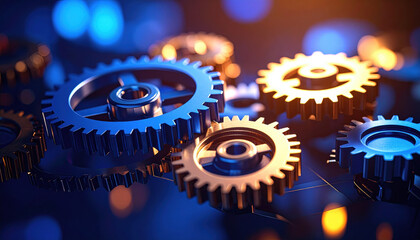 Intricate Gears in Motion with Blue and Orange Lighting Effects