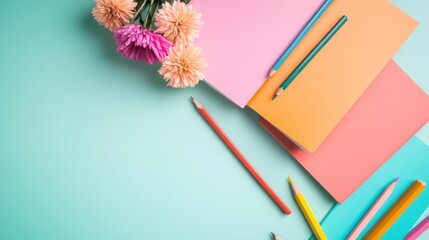 Pastel stationery arrangement with vibrant blossoms on light turquoise backdrop