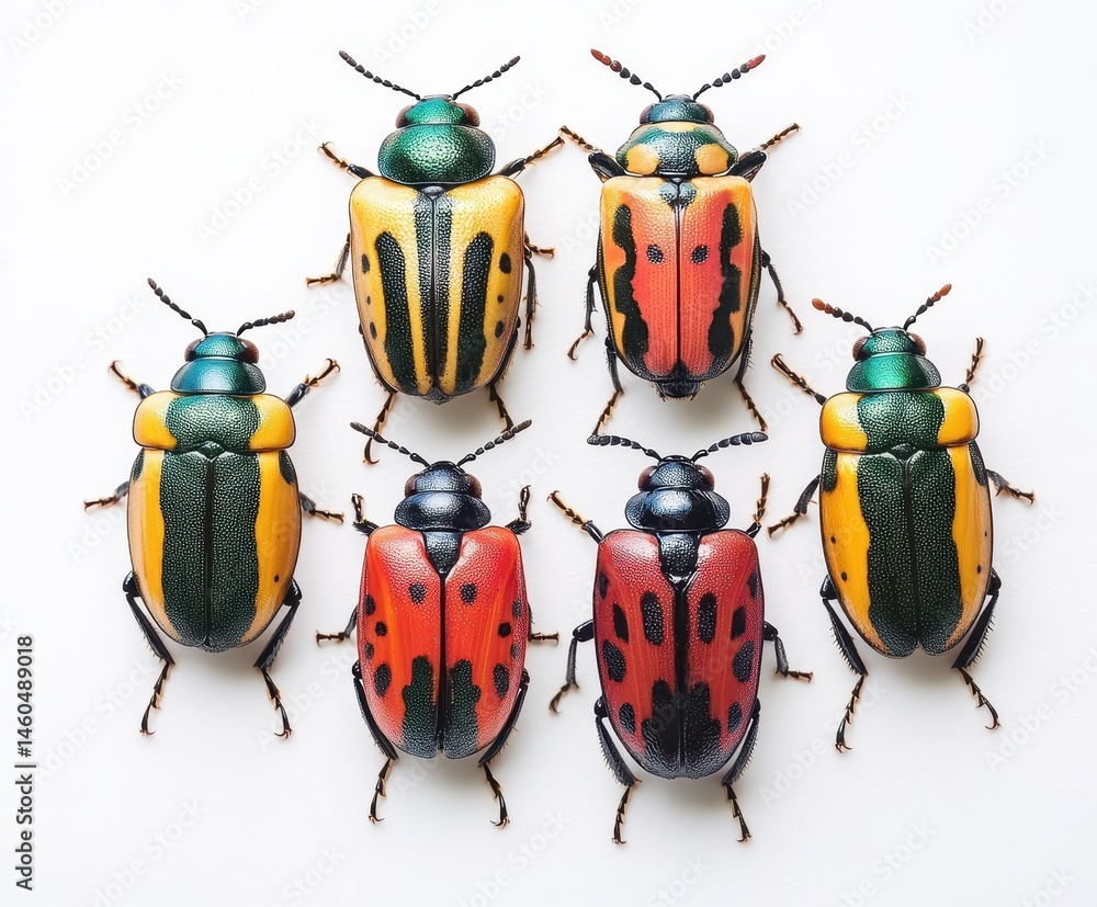 Poster vibrant colorful beetles displaying unique patterns and textures on a clean white background in a st