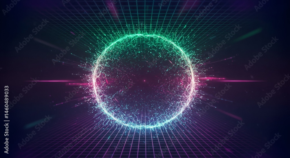 Poster glowing neon sphere on digital grid background. abstract futuristic technology concept. holographic 
