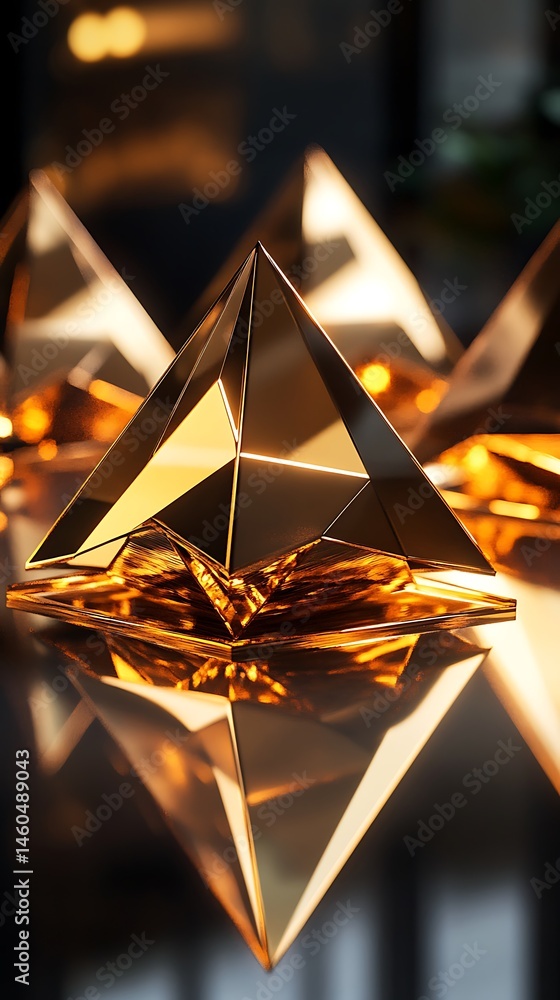Aufkleber gleaming golden pyramids rest on a glossy surface, creating striking reflections and captivating geo