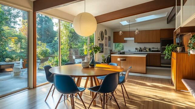 Sunlit Mid Century Modern Dining Room Kitchen Interior