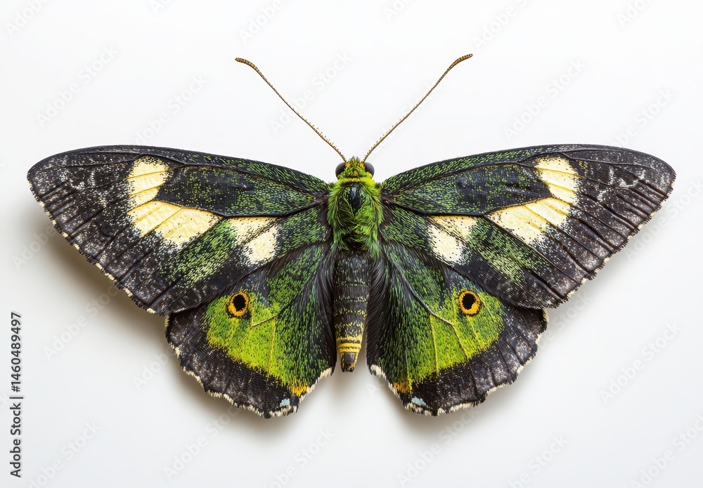 Poster vibrant green and black butterfly with intricate patterns displaying beauty in nature and a close-up