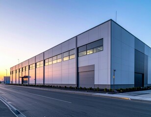 Modern Industrial Building with Clear Sky at Sunrise on Street