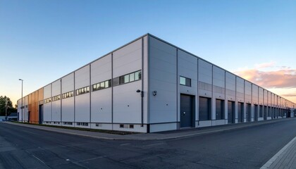 Obraz premium Modern Industrial Warehouse with Clean Lines and Clear Sky