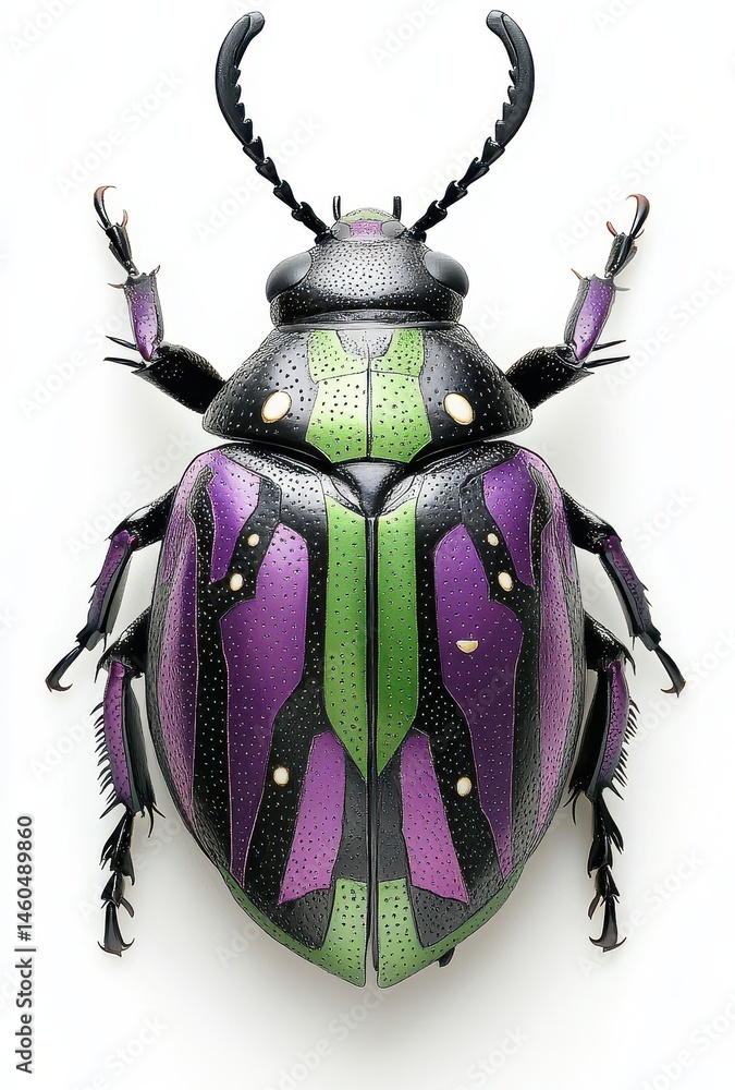 Poster vibrant insect with glossy purple and green shell, close-up view of beetle with unique patterns and 