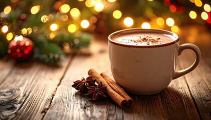 Warm Cup of Hot Cocoa with Cinnamon on Rustic Wooden Table