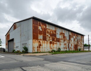 Obraz premium Weathered Industrial Building with Rusty Exterior and Clouds Above