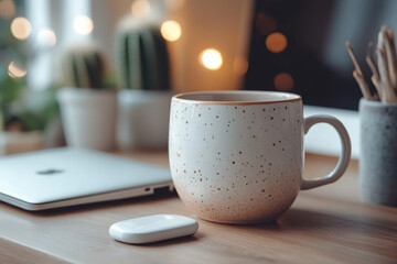 Pen, laptop, and cup on table.