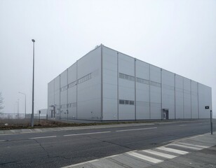 Obraz premium Modern Industrial Warehouse Under Foggy Sky with Roadside View