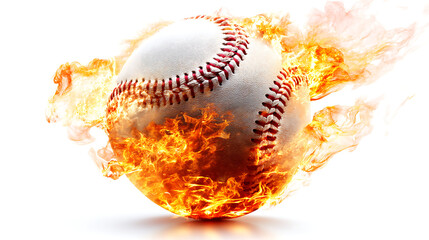 A baseball engulfed in flames, soaring through the air with a dynamic fiery trail behind it