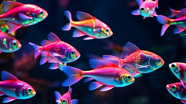 Radiant GloFish Shoal: A Captivating Underwater Symphony of Vibrant Colors and Bioluminescence