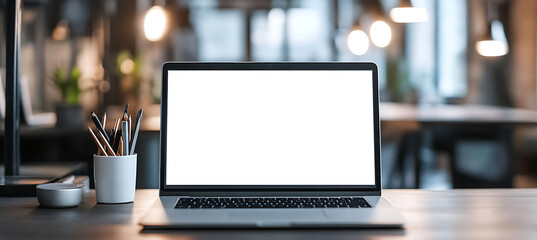 Transparent PNG Laptop Cutout in Office Corner with Space for Personalized Branding and Advertisement Text