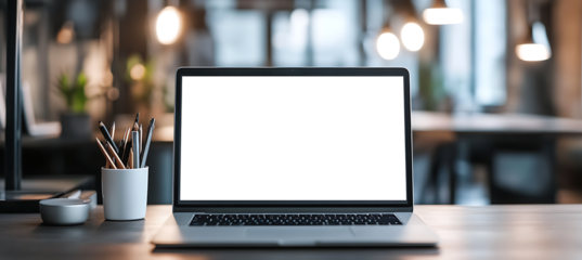 Transparent PNG Laptop Cutout in Office Corner with Space for Personalized Branding and Advertisement Text