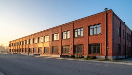 Obraz premium Urban Industrial Building with Red Brick Facade at Sunrise