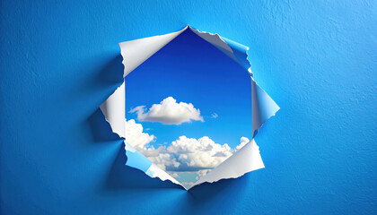 Bright Blue Wall with Torn Paper Reveal of Clear Sky and Clouds