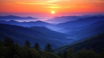 Obraz premium Smoky Mountains Sunrise: A Panoramic View of Majestic Peaks Bathed in Golden Hour Light