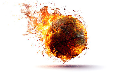 Flaming basketball in motion with fiery effects, showcasing dynamic energy and excitement