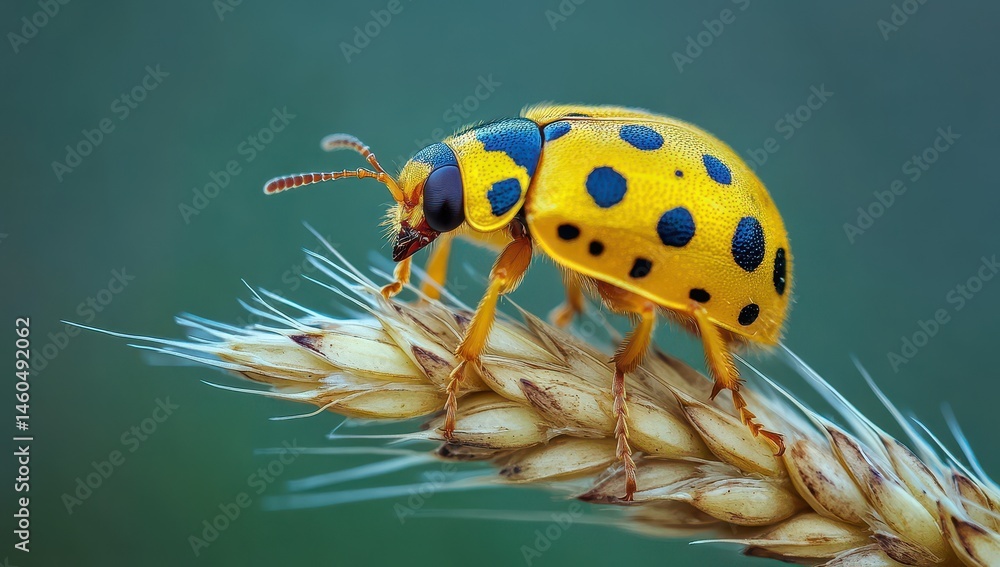 Poster yellow beetle with black spots on wheat stem in soft focus background highlighting nature's intricat