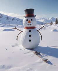 Lonely snowman in snowy field, skis and snowboard nearby , snow, winter
