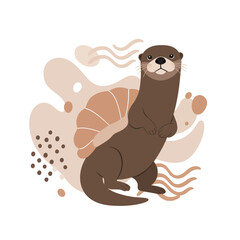 Otter standing with abstract beige and brown shapes vector illustration for nature and wildlife design 