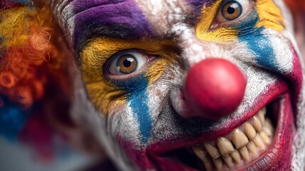 A vividly painted clown face with exaggerated features and colorful makeup perfect for Hallowe