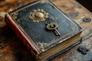 Key resting on aged book.