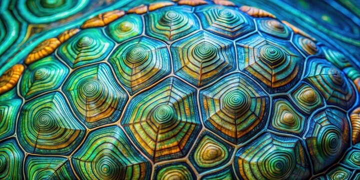 Intricately patterned turtle shell with swirling spiral designs and vibrant shades of blue green , shells, turtle shell