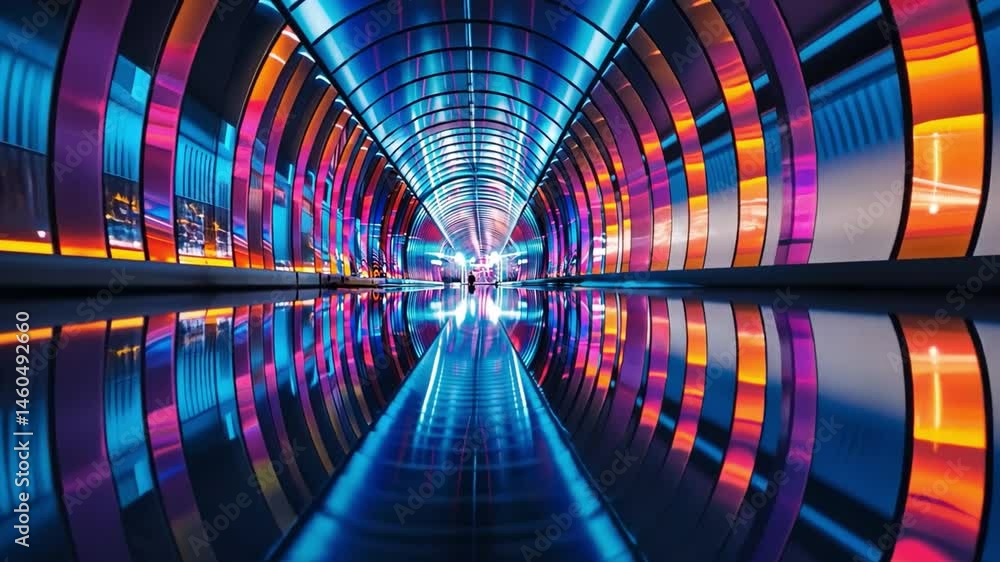 Poster vibrant and colorful illuminated tunnel futuristic design of architecture with light and symmetry, c