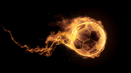 A flaming soccer ball bursts through the darkness, symbolizing passion and energy in sports