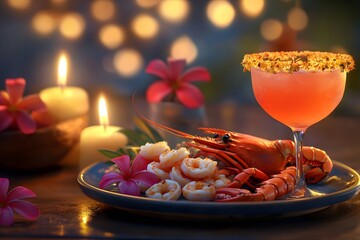 Iced seafood platter and cocktail under candlelight
