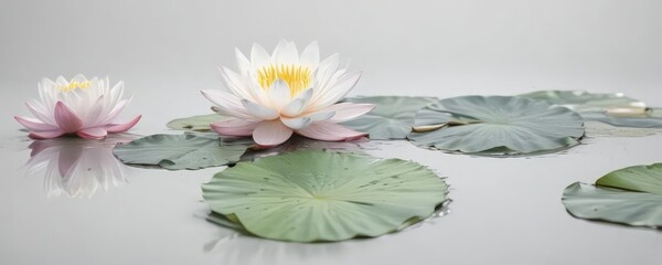 Soft pastel water lilies painted in watercolor, white backdrop , peaceful, closeup view