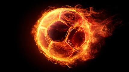 Flaming soccer ball in motion against a dark background, showcasing dynamic energy and excitement