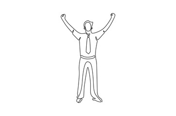 Continuous one line drawing of Happy businessman and raise hand. Single line drawing illustration of Young businessman. Success business concept vector art. Doodle line illustration.